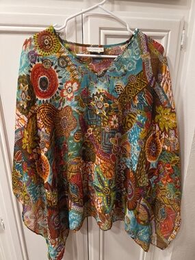 Susan Graver Women's Floral V-Neck Tunic Turquoise, Rust, Brown & Gold ~ Size M